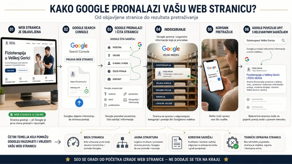 Infografika u 6 koraka: kako Google pronalazi i indeksira web stranicu, od objave do prikaza u rezultatima pretraživanja — puni opis u nastavku teksta