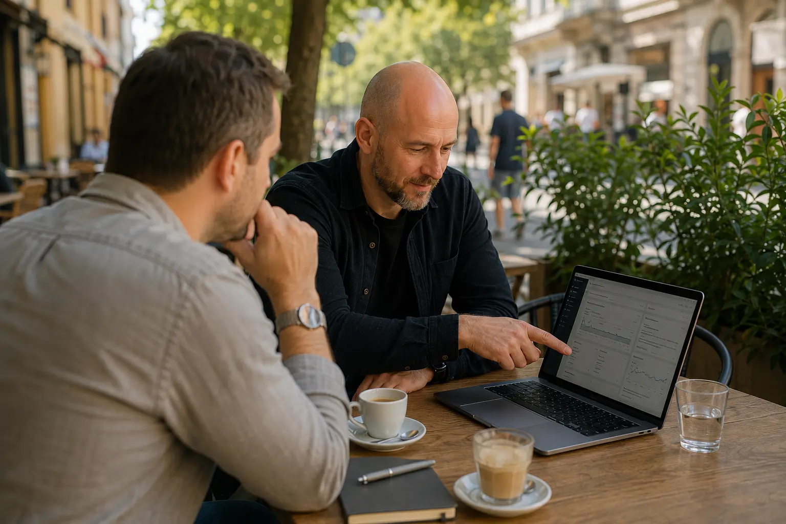 Da fotografija prikazuje dvojicu muškaraca kako na otvorenom, uz laptop, raspravljaju o web stranici — dočaravajući fazu dogovora oko strukture/arhitekture sadržaja.
