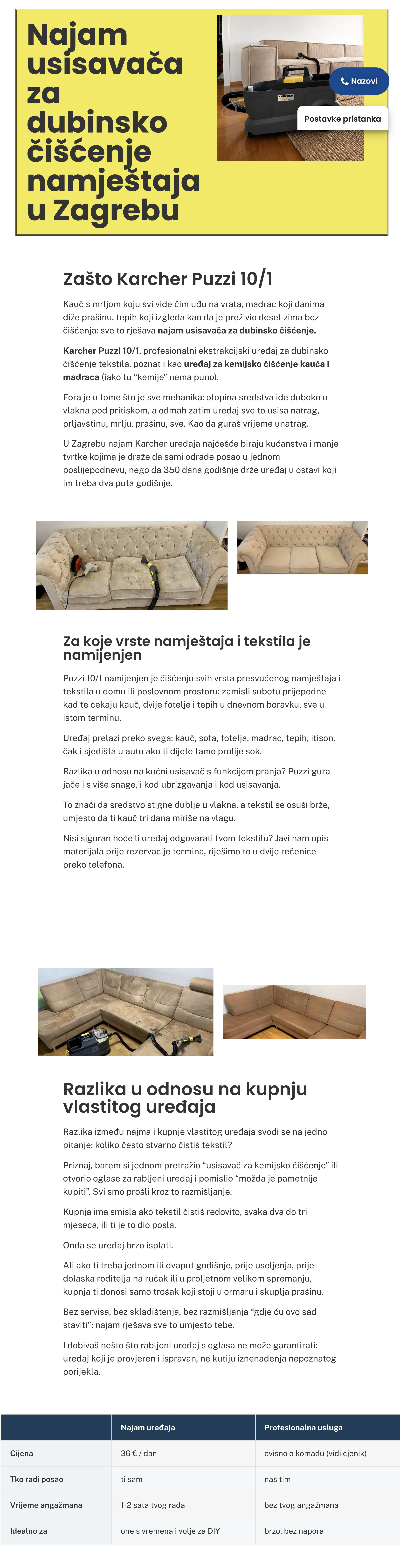 Screenshot prikazuje punu dužinu stranice o najmu uređaja za dubinsko čišćenje (vjerojatno Moj Čisti Dom), u svjetlom, čistom web dizajnu s dosta bijelog prostora i žutim naglascima. Na vrhu je žuti hero-blok s crnim podebljanim naslovom "Najam usisavača za dubinsko čišćenje namještaja u Zagrebu" na lijevoj strani, a desno fotografija crno-žutog Karcher Puzzi uređaja za pranje tepiha/tapeciranog namještaja na bijeloj pozadini. Slijedi naslov "Zašto Karcher Puzzi 10/1" s odlomkom teksta koji objašnjava da je riječ o profesionalnom uređaju za dubinsko pranje koji koristi i tvrtka Moj Čisti Dom u svojim uslugama, s naglaskom na snagu usisavanja i učinkovitost kod mrlja. Ispod teksta nalazi se fotografija krupnog kadra jastuka/tapeciranog materijala svijetle bež boje. Nakon toga dolazi naslov "Za koje vrste namještaja i tekstila je namijenjen" s odlomkom koji navodi da je uređaj prikladan za kauče, madrace, tepihe, itisone, auto-sjedala i druge tekstilne površine. Ispod teksta je fotografija velike bež kutne (L-oblik) sofe u svijetlom prostoru. Slijedi naslov "Razlika u odnosu na kupnju vlastitog uređaja" s uvodnim odlomkom koji objašnjava prednost najma nad kupnjom. Ispod teksta nalazi se usporedna tablica s dva stupca naslovljena "Naš uređaj" i "Profesionalna usluga", sa sljedećim recima (vrijednosti su djelomično nečitljive u ovoj rezoluciji, ali struktura je sljedeća): Cijena Trošak vode Vrijeme čišćenja Mobilnost Nakon tablice slijedi naslov "Kako funkcionira najam u par koraka" s uvodnim odlomkom, a ispod njega red od tri fotografije jedna pored druge koje prikazuju različite korake procesa (uređaj, dostava/preuzimanje i korištenje — detalji fotografija nisu precizno razlučivi u ovoj veličini). Zatim slijede tri potpoglavlja s tekstualnim opisima: "Rezervacija termina" — odlomak teksta "Preuzimanje uređaja (ili dostava)" — odlomak teksta "Povrat uređaja" — odlomak teksta Slijedi naslov "Za što možete koristiti Karcher Puzzi 10/1" s tri potpoglavlja: "Kauč, sofa i fotelja" — odlomak teksta "Tepih i itison" — odlomak teksta "Madrac" — odlomak teksta Nakon toga dolazi naslov "Što je uključeno u najam" s odlomkom teksta, a ispod fotografija uređaja Karcher Puzzi zajedno s dodatnom opremom (nastavci, crijeva) postavljenih na podu pored kauča. Pri dnu stranice nalazi se naslov "Cjenik najma" s uvodnom rečenicom, ispod koje je tablica s dva stupca — naziv usluge i cijena — s redovima (nazivi vidljivi, točne cijene djelomično nečitljive): Najam na dan Najam na vikend Dovoženje i preuzimanje opreme Ispod tablice nalazi se zeleni gumb (vjerojatno za WhatsApp kontakt). Na samom dnu kadra, djelomično odsječen, naziru se počeci novog naslova "Najam na dan" koji se nastavlja izvan vidljivog dijela snimke. ODLUKA: Potreban je dodatni tekstualni/HTML ekvivalent za obje tablice (usporedba "Naš uređaj" vs "Profesionalna usluga" i "Cjenik najma") jer sadrže konkretne podatke koji moraju biti dostupni čitaču zaslona kao strukturirani tekst. Za fotografije u ostatku stranice preporučam standardne opisne alt tekstove prilagođene svakoj sekciji (npr. "Fotelja i jastuci prije dubinskog čišćenja", "Kutna sofa pripremljena za tretman", "Karcher Puzzi 10/1 s priborom za čišćenje"). Napominjem da točni brojčani podaci u obje tablice i dio sitnog teksta i dalje nisu dovoljno čitljivi ni u ovoj rezoluciji da bih ih mogao precizno prenijeti — za potpuno točan HTML ekvivalent preporučujem dostaviti stvarni tekstualni sadržaj stranice (copy) ili pojedinačne screenshotove tablica u većoj rezoluciji/zoomu.
