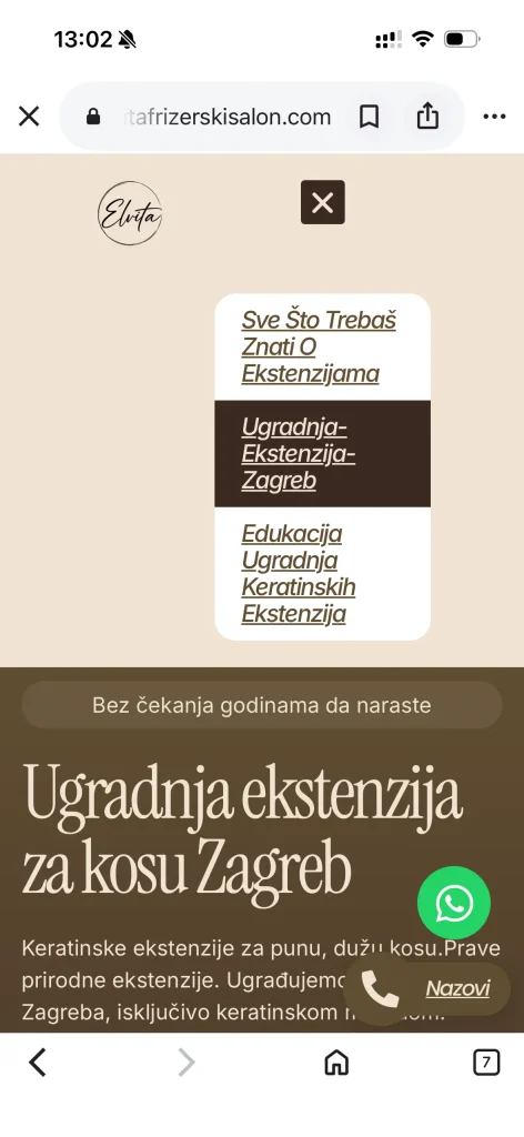 Snimka zaslona mobilnog prikaza web stranice frizerskog salona Elvita s otvorenim navigacijskim izbornikom — tri poveznice: 'Sve Što Trebaš Znati O Ekstenzijama', istaknuta 'Ugradnja-Ekstenzija-Zagreb' i 'Edukacija Ugradnja Keratinskih Ekstenzija', iznad hero sekcije s naslovom 'Ugradnja ekstenzija za kosu Zagreb' i plutajućim gumbima za WhatsApp i poziv.