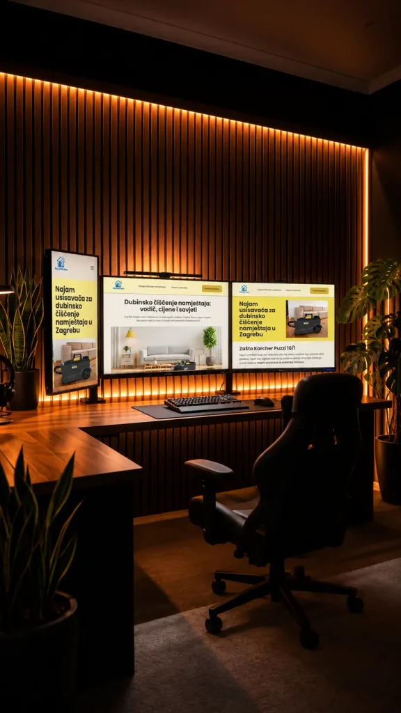 Prizor prikazuje moderni kućni/gaming radni prostor u prigušenom, toplom ambijentalnom osvjetljenju. Pozadinski zid obložen je okomitim drvenim lamelama tamnosmeđe boje, a duž gornjeg ruba zida proteže se traka toplog narančasto-žutog LED osvjetljenja koja baca difuzni sjaj po cijeloj prostoriji. Na zidu su postavljena tri monitora na zglobnim nosačima (monitor arms), poredana jedan pored drugog iznad radnog stola. Lijevi i desni monitor su u portretnoj (vertikalnoj) orijentaciji, dok je srednji, najveći monitor u klasičnoj širokoj (horizontalnoj) orijentaciji. Na lijevom vertikalnom monitoru prikazana je web stranica s plavim logotipom kućice i natpisom "Moj Čisti Dom" u gornjem lijevom kutu. Ispod toga nalazi se veliki žuti blok s crnim podebljanim tekstom: "Najam usisavača za dubinsko čišćenje namještaja u Zagrebu". U donjem dijelu ekrana vidljiva je fotografija žutog/crnog uređaja za pranje tepiha (Karcher Puzzi) postavljenog u dnevnoj sobi sa svijetlom sofom. Na srednjem, najvećem monitoru prikazana je ista web stranica u širem prikazu: gornja navigacijska traka s logotipom "Moj Čisti Dom" lijevo, stavkama izbornika "Usluga čišćenje namještaja" i "Najam usisavača" u sredini, te žutim gumbom s pozivom na akciju ("Rezervacija online" ili slično) u desnom kutu. Ispod navigacije nalazi se veliki naslov "Dubinsko čišćenje namještaja: vodič, cijene i savjeti", a ispod naslova kraći podnaslovni tekst (sitniji, djelomično nečitljiv). Ispod teksta prikazana je velika fotografija uređene dnevne sobe sa svijetlosivom sofom, drvenim stolićem za kavu, stolnom lampom, zelenom biljkom u pozadini i crnim uređajem za usisavanje/pranje postavljenim na podu ispred sofe. Na desnom vertikalnom monitoru prikazana je slična web stranica s istom navigacijskom trakom pri vrhu. Ispod nje nalazi se žuti blok s tekstom "Najam usisavača za dubinsko čišćenje namještaja u Zagrebu" te fotografija uređaja za čišćenje postavljenog pored sofe. Ispod fotografije nalazi se naslov "Zašto Karcher Puzzi 10/1" praćen kratkim odlomkom teksta sitnog fonta (nečitljiv zbog veličine). Ispod monitora nalazi se tamni drveni radni stol s crnom tipkovnicom s pozadinskim osvjetljenjem, bežastom podlogom za miš i crnim bežičnim mišem. Ispred stola nalazi se crna gaming stolica s podesivim naslonom za ruke, okrenuta leđima prema promatraču. Lijevo od stola, na nižem postolju, nalaze se slušalice preko ušiju. Prostor je bogato ukrašen zelenim sobnim biljkama u tamnim teglama — po jedna biljka s lijeve i desne strane ekrana te još jedna veća u prednjem planu lijevo, djelomično kadrirana. Pod je prekriven svijetlim tepihom. Cjelokupna atmosfera prostora je moderna, tehnološki opremljena i ugodno osvijetljena, s kontrastom između tamnog drva, toplog žutog svjetla i hladnog plavo-bijelog sjaja ekrana.